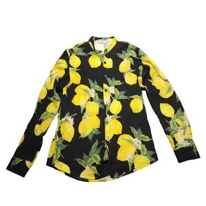 Pronto Moda Shirt Womens Small Black Lemon Print Long Sleeve Linen Button Up